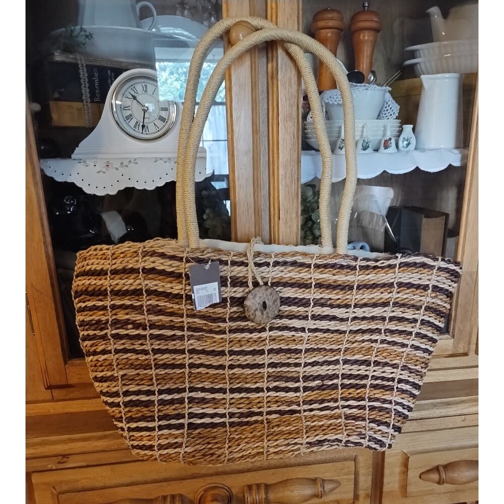 Merona Brown & Tan Straw Tote, Button Front Closure 10" Tall 18" Wide